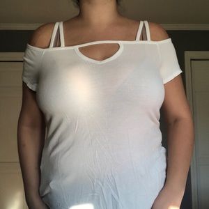 AE White Soft and Sexy Ribbed Cold Shoulder Top